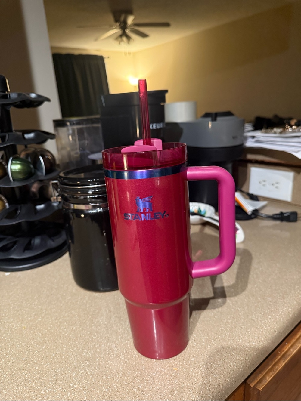 Stanley Metallic Red Travel Tumbler with Pink Handle and Straw